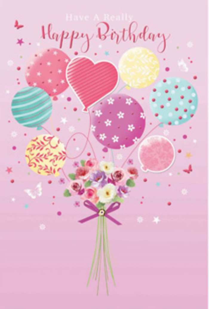 There is a sense of gentle jubilation flowing through this birthday illustration, like the quiet happiness of a special afternoon spent in Canonbury's garden squares. The entire composition rests on a soft pink canvas, a backdrop that feels soothing and warm. From the lower edge, a hand-tied bouquet appears, its stems gathered and finished with a neat purple satin bow that glints slightly, as if catching a shaft of sunlight. Above it, a cluster of balloons floats upward, creating the impression that the flowers themselves are lifting the celebration towards the sky. The balloons are painted in pale sunshine yellow, rosy fuchsia, muted teal, and lavender, with each one featuring a different playful design-some adorned with dancing polka dots, others with curved ribbon-like stripes, and a few with delicate floral and swirl motifs. The bouquet at the base is composed of petite roses and soft, daisy-like blooms, their petals carefully shaded from cream through blush to tender rose pink. The flowers appear velvety and freshly cut, reminiscent of blooms chosen that morning from a local Canonbury florist's bucket. Around the central bouquet and balloons, tiny butterflies and star-shaped accents drift lightly, giving the whole design a whimsical, daydream quality, as if the scene were suspended in time. The illumination is gentle, making the balloons gleam softly while the petals glow with a natural, understated radiance. Altogether, the artwork whispers happiness rather than shouting it, creating a feeling of being cherished and remembered. It portrays how a thoughtfully designed floral birthday card can carry as much emotion as a bouquet delivered to a doorstep on a quiet Canonbury lane.