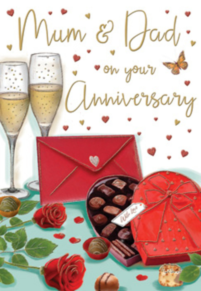 Elegant anniversary card artwork that could easily echo an intimate evening in a Canonbury townhouse, arranged with the same care an experienced florist brings to a hand-tied bouquet. Dominating the foreground, two lavish red roses lie across a clean, pale surface, their petals rendered in deep, velvety crimson. Each bloom appears full and slightly open, with delicate shading that suggests softness and a hint of natural curl at the edges, as if the flowers were freshly placed moments ago by someone returning from a nearby florist on Canonbury Road. Encircling the roses, broad green leaves fan gently outward, their tones ranging from cool emerald to warm olive, adding lush contrast and a sense of living freshness. Just beside them rests a heart-shaped box of chocolates, the lid tilted enough to showcase an assortment of truffles, each one nestled in its own little niche. The box itself is decorated with a sumptuous red bow, its ribbon painted with light and shadow that give it a satin-like finish, inviting the touch. Standing slightly back, two elegant champagne flutes rise close together, filled with luminous golden champagne. Tiny bubbles climb through the liquid, catching warm highlights as though from a lamp or candle on a Canonbury dining table, ready for an anniversary toast once the children or grandchildren have gone home. Dotted around the scene, small gold and crimson hearts drift across the background, framing a hand-lettered Mum & Dad dedication that softens the composition with family sentiment. On the table in front, a scarlet envelope lies sealed and waiting, suggesting a heartfelt, handwritten message. Altogether, the image conveys warmth, indulgence, and the quiet joy of celebrating long-lasting love in a familiar, lovingly kept home.