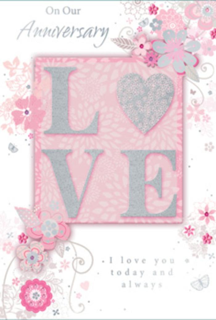 The image reveals an anniversary card that feels as gentle and inviting as stepping into a sun-filled Canonbury townhouse, where love is celebrated in quiet, everyday gestures. At its centre is the word LOVE, picked out in a frosted glitter print that gives each letter a raised, velvety texture. As the light brushes over the surface, the glitter sparkles softly, suggestive of morning light touching the tops of pastel blooms in a courtyard garden near Canonbury Square. Around this focal word, wispy, hand-drawn flowers and soft floral sprays drift along the borders, framing the central message without overwhelming it. The petals are shaded in muted tones of pink, lilac, and ivory, edged with delicate grey lines that make them feel almost like pencil sketches lifted from a florist's notebook at Florist Canonbury. Fine flourishes-filigree curls, tiny leaves, and barely noticeable butterfly silhouettes-thread between the blooms, their gentle forms echoing the flutter of a contented heart. The background remains a soft, even blush, with just enough tonal variation to give depth, while still allowing the floral artwork and lettering to breathe. Nestled within the design, in a graceful yet understated font, is the message I love you today and always. The text sits quietly, inviting reflection rather than demanding attention, as though offering a private promise between two people who know each other deeply. Taken together, the raised glitter, the hand-drawn florals, and the harmonious pastel palette create the impression of a hand-tied bouquet translated onto card stock-a tender, enduring tribute to a love that has grown steadily over time in this calm corner of North London.