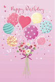 A whimsical birthday celebration seems to float off the page in this pastel illustration, evoking the light-hearted charm of Canonbury's quiet streets. The scene is framed by a soft pink background, calm and inviting, like the gentle hue of early evening skies. At its heart, a cluster of pastel balloons drifts upward, their strings gathered neatly into a bouquet of fresh flowers below. The balloons shine in shades of blush pink, minty teal, sunny lemon, and soft lavender, each one boasting its own lively character-some twirl with candy-coloured stripes, others are sprinkled with playful polka dots, while a central heart-shaped balloon glows with affectionate warmth. Below, the bouquet brims with delicate roses and anemone-like blooms in creamy ivory, blush, and dusky mauve. Their petals are soft and feathery, layered in gentle folds that suggest careful, expert arranging. A violet satin bow wraps the stems together, its smooth, slightly glossy surface echoing the finish of real ribbon used by Florist Canonbury for special birthday deliveries. Scattered around the flowers and balloons, tiny stars and dainty butterflies appear to flit in the air, adding a sprinkle of fairy-tale magic. The lighting is subtle and flattering, giving both balloons and petals a soft sheen, as though caught in natural daylight filtering through Canonbury's trees. The overall effect is airy, sweet, and perfectly festive, capturing the feeling of a birthday meant to be bright, unforgettable, and filled with thoughtful, floral-inspired joy.