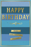 The picture presents a refined birthday card, its front design marrying tranquil blues with shimmering gold in a way that feels perfectly suited to a quiet, thoughtful celebration in Canonbury. The entire face of the card is arranged in generous horizontal stripes, each a slightly different shade of blue. At the top, the colour is a rich navy, then softens gradually through denim and teal, becoming a mellow ocean blue and finally ending in a pale, gentle sky hue near the bottom. This layered ombré effect suggests calm and depth, reminiscent of the sky seen between the rooftops near Canonbury Overground station. Centred across these blues, the message HAPPY BIRTHDAY is displayed in tall, capitalised gold letters. The text is embossed, so every letter is raised and edged with a faint shadow, and the metallic surface catches the light in a restrained, elegant sheen. Just beneath the main greeting, a decorative gold flourish curves outward in a symmetrical, scroll-like pattern, lending a hint of vintage character. Below this flourish, three narrow golden banners sit neatly stacked one above the other. Each ribbon carries a portion of the kind message Relax, have a great day and enjoy! in clear, modest lettering. A slim gold border tracks the very edge of the card, framing the composition like a delicate picture frame and drawing the eye back to the centre. The card stock looks weighty and matte, with the blues appearing velvety and smooth, while the gold accents are glossy and slightly tactile. Together, these details create a mood of understated celebration and heartfelt care, making the card a lovely partner to a bouquet delivered across Canonbury or nearby Islington for someone who treasures calm, beautiful details on their birthday.
