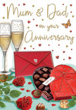 Warm and romantic anniversary card scene that feels perfectly at home in Canonbury's calm, tree-lined streets, capturing a moment set for two much-loved parents. The eye first meets a pair of ravishing red roses resting on a pale tabletop, their petals shown in full, velvety detail. Each petal curls gently outward, painted in rich shades of crimson that deepen toward the centre, giving the blooms an almost three-dimensional depth, like the kind of premium stems carefully selected by Florist Canonbury for an important celebration. Around the roses, fresh green leaves, softly veined and subtly highlighted, create a cushion of foliage that adds natural contrast and a sense of just-cut vitality. To the side, a heart-shaped box of chocolates sits temptingly open, revealing rounded and square pieces of chocolate lined up in neat, indulgent rows. The box is crowned with an impressive red bow, its wide loops and ribbon tails modelled with lifelike folds, as if tied just before being set down on the table. Behind, two slender champagne flutes stand together, filled with golden champagne that glows warmly, tiny streams of bubbles rising inside the clear glass. The light seems to dance across the surface, echoing the sparkle of an anniversary toast shared at home after a stroll through nearby Canonbury gardens. Scattered across the backdrop, delicate gold and crimson hearts float around affectionate script bearing the words Mum & Dad, adding a playful, heartfelt accent. In the foreground, a red envelope lies sealed and slightly turned, hinting at private words of appreciation and love. The composition radiates a sense of cherished tradition, gentle indulgence, and the comfort of a long marriage celebrated quietly but beautifully in Canonbury.
